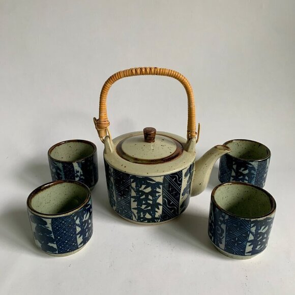 Takahashi Japan Vintage Gray Speckled Blue Bamboo Print Teapot 4 Cups Set - Picture 1 of 12